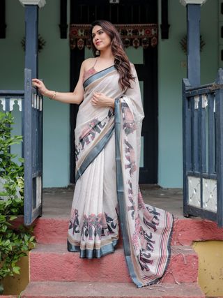 Ivory Linen Cotton Elephant Print Saree | Varnavi Store