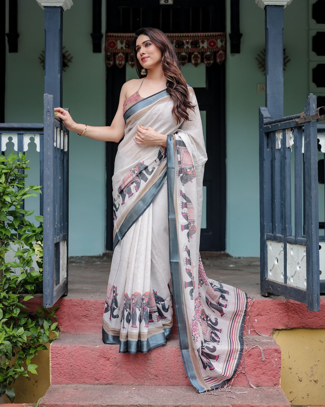 Ivory Linen Cotton Elephant Print Saree | Varnavi Store
