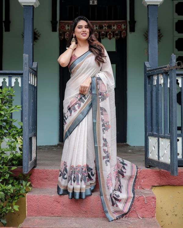 Ivory Linen Cotton Elephant Print Saree | Varnavi Store
