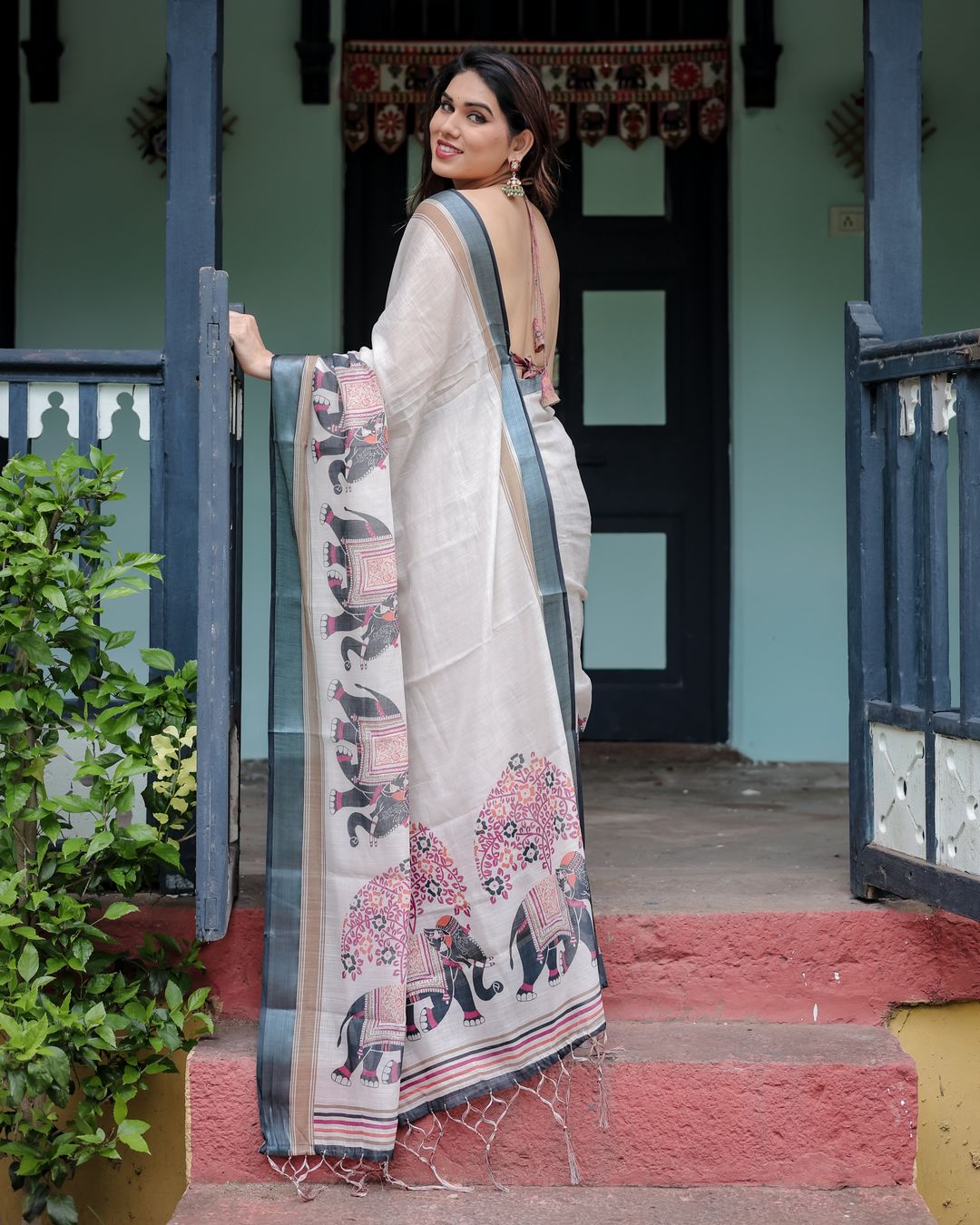 Ivory Linen Cotton Elephant Print Saree | Varnavi Store