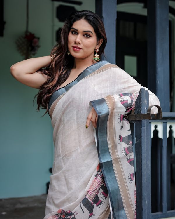 Ivory Linen Cotton Elephant Print Saree | Varnavi Store