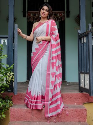 Pink White Linen Cotton Saree with Geometric Border Designs