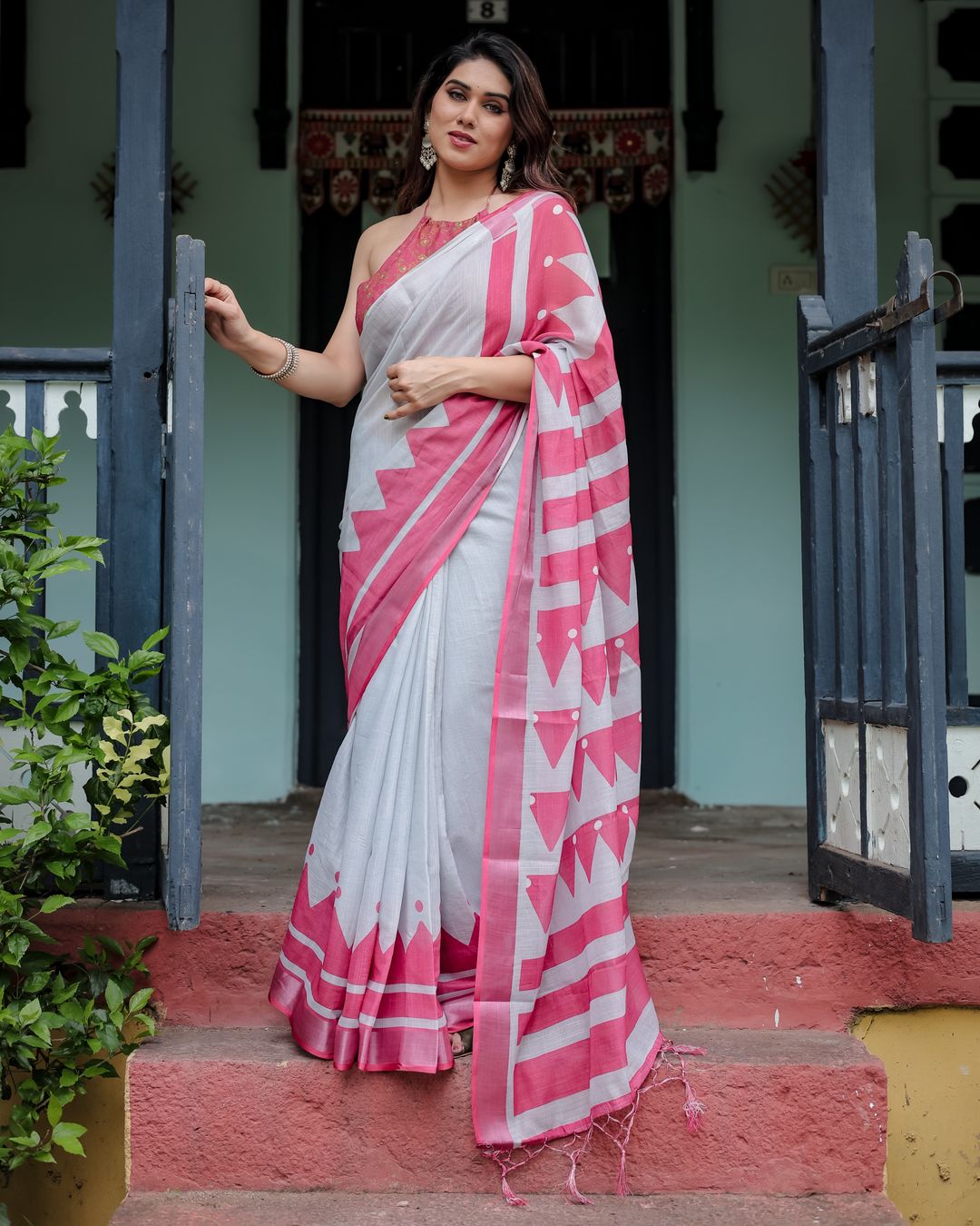 Pink White Linen Cotton Saree with Geometric Border Designs