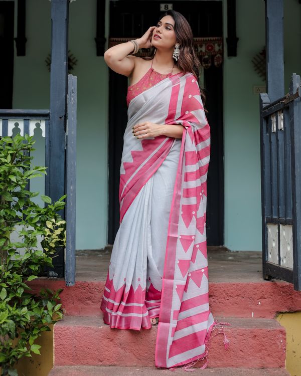 Pink White Linen Cotton Saree with Geometric Border Designs