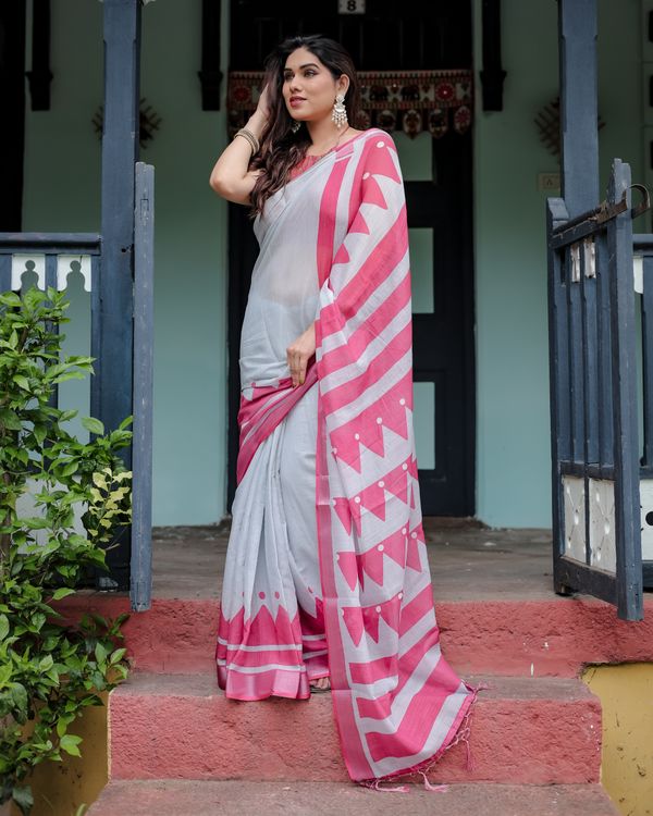 Pink White Linen Cotton Saree with Geometric Border Designs