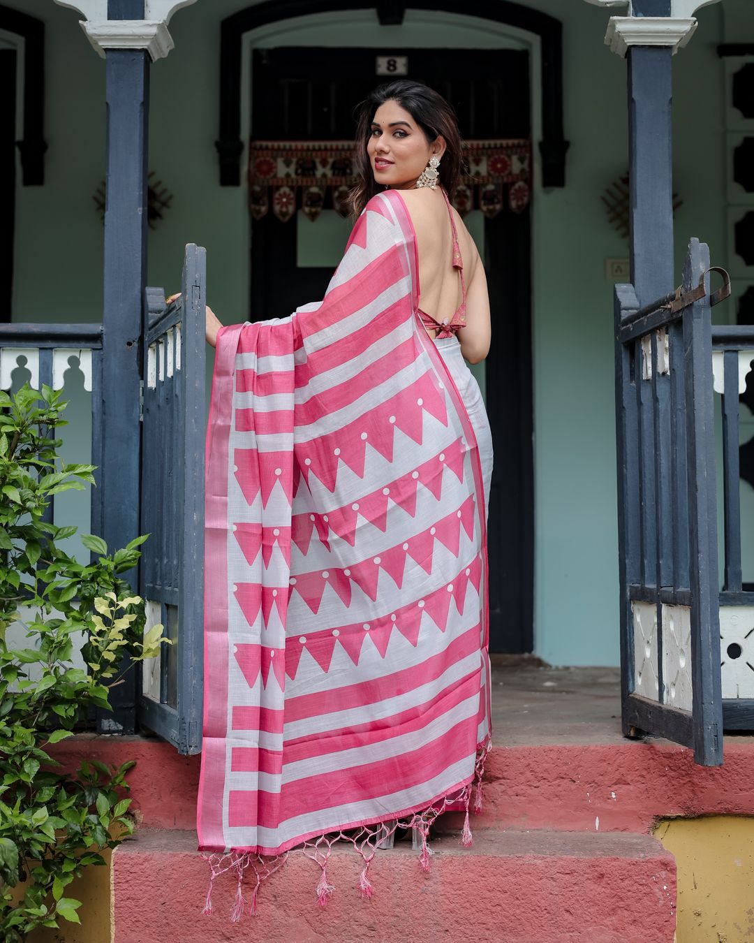 Pink White Linen Cotton Saree with Geometric Border Designs