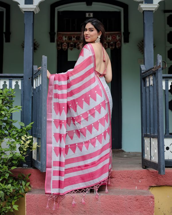 Pink White Linen Cotton Saree with Geometric Border Designs
