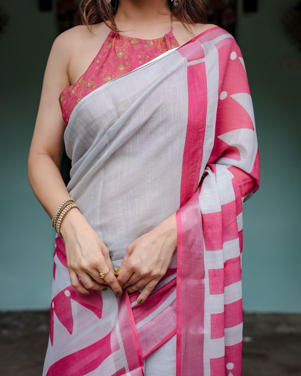 Pink White Linen Cotton Saree with Geometric Border Designs