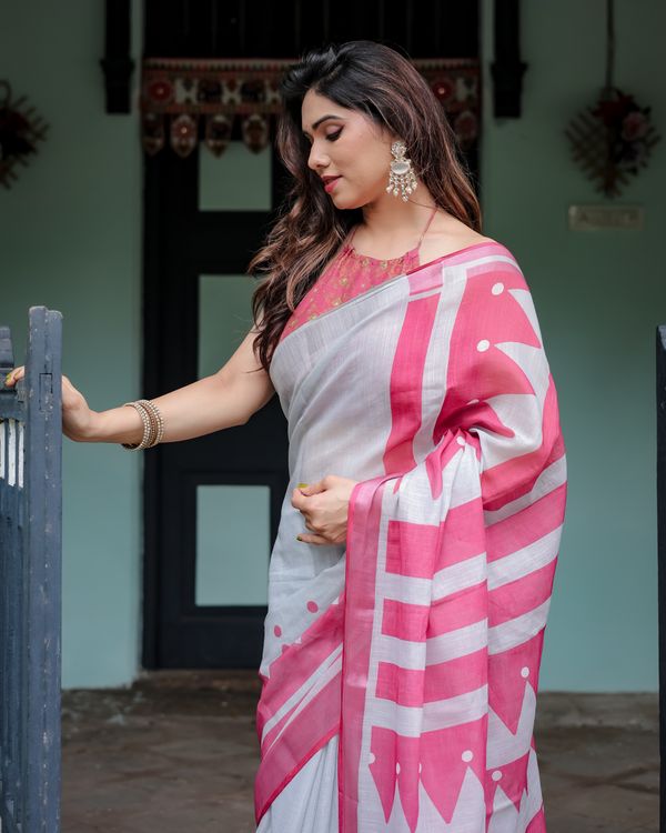 Pink White Linen Cotton Saree with Geometric Border Designs