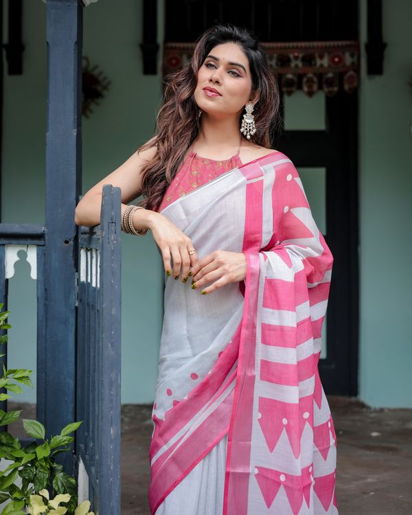 Pink White Linen Cotton Saree with Geometric Border Designs