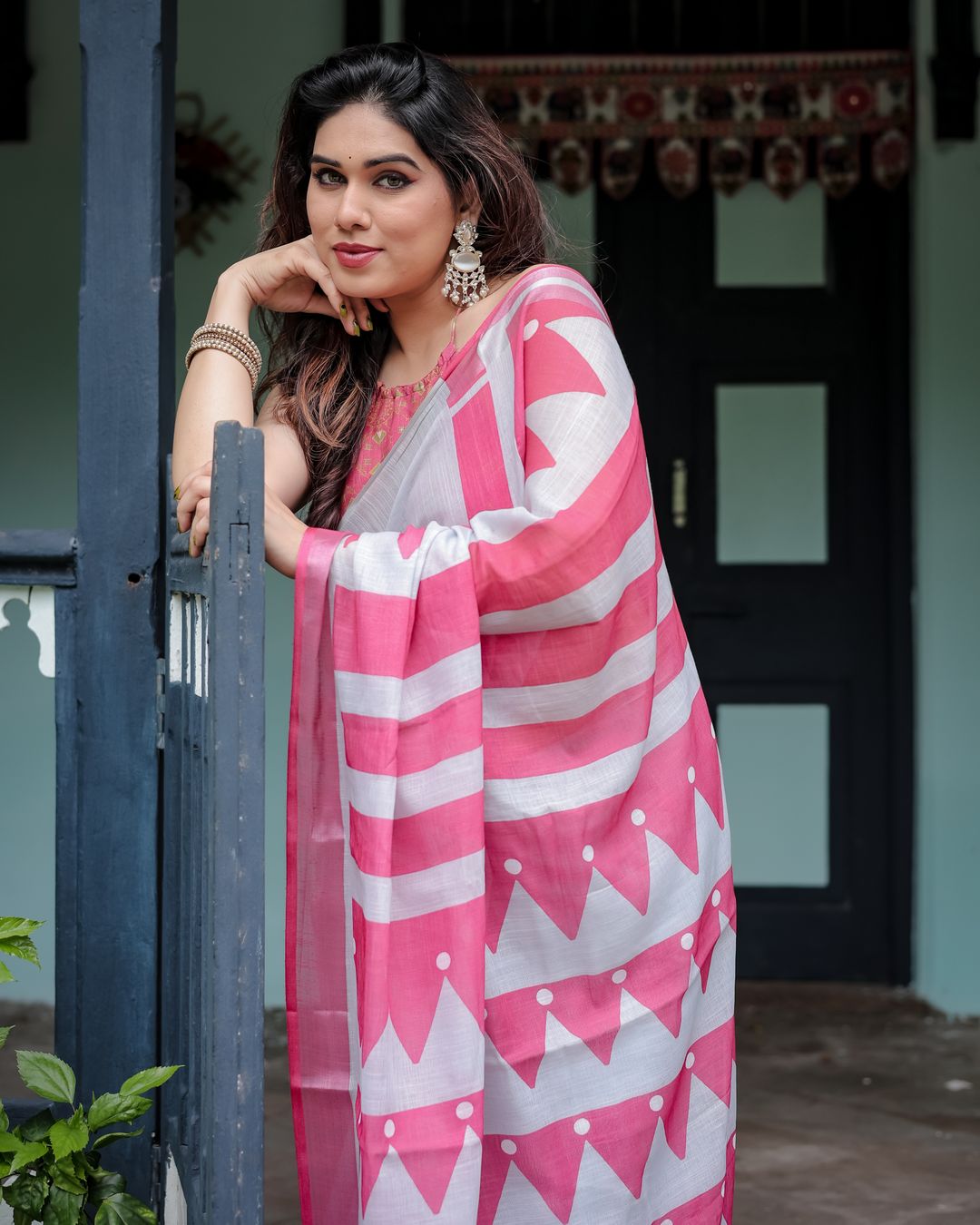 Pink White Linen Cotton Saree with Geometric Border Designs