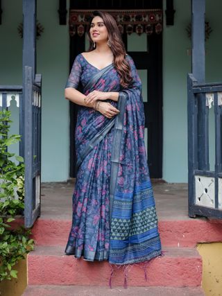 Deep Indigo Floral Linen Cotton Saree with Elegant Ensemble