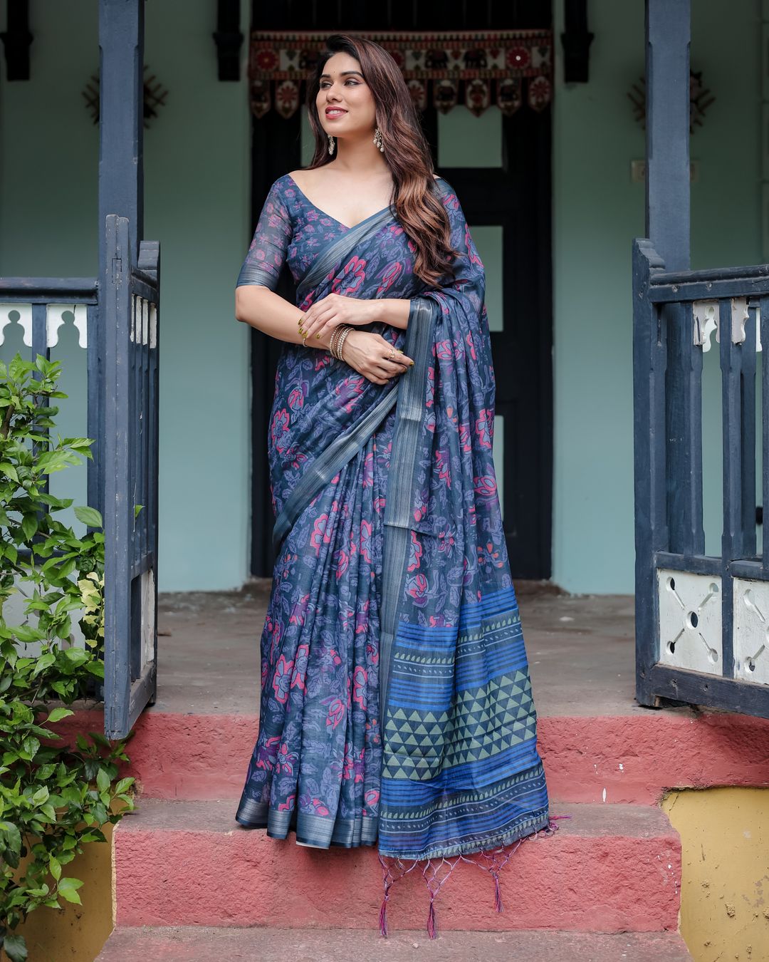 Deep Indigo Floral Linen Cotton Saree with Elegant Ensemble