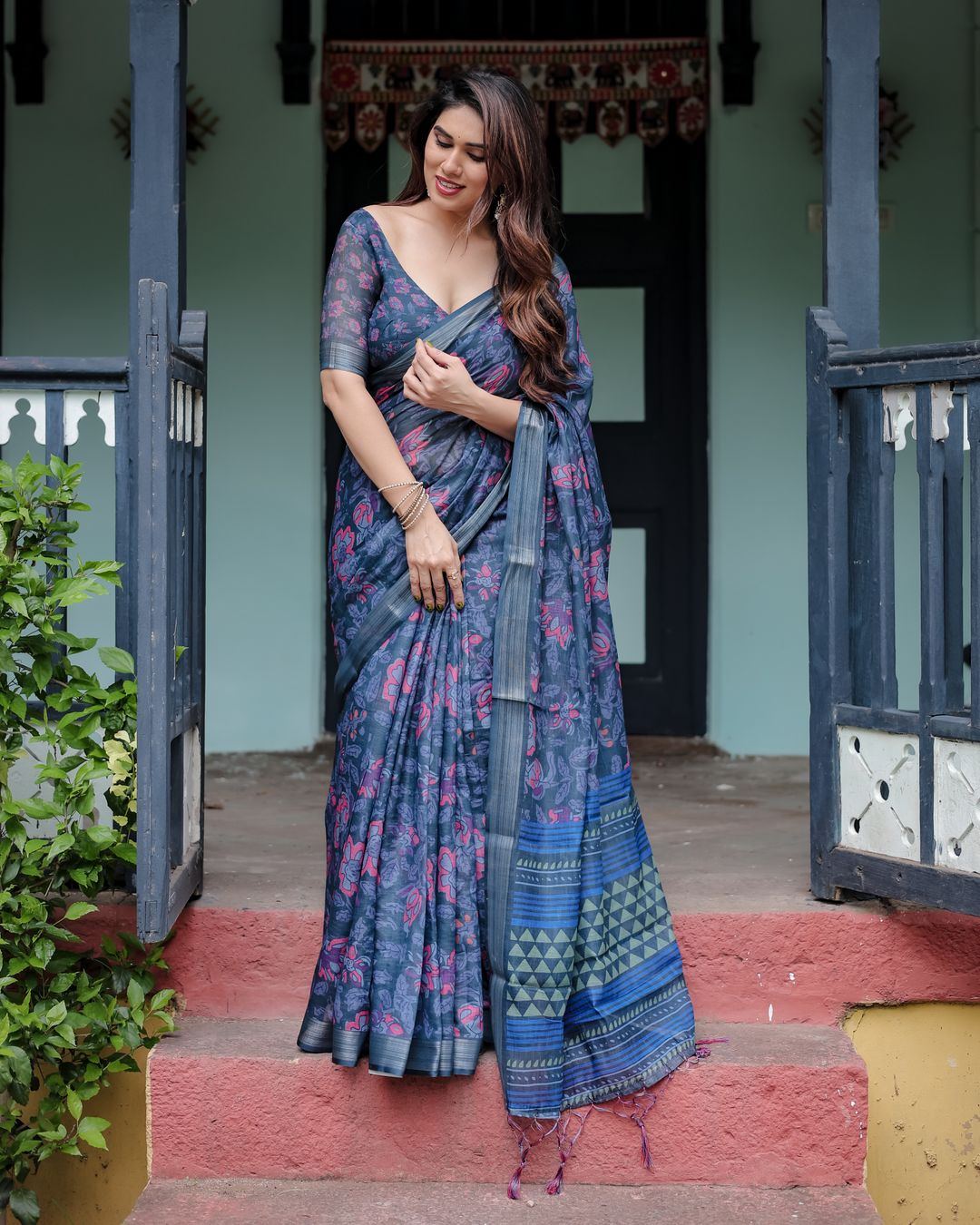 Deep Indigo Floral Linen Cotton Saree with Elegant Ensemble