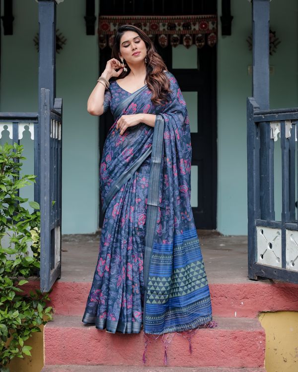 Deep Indigo Floral Linen Cotton Saree with Elegant Ensemble