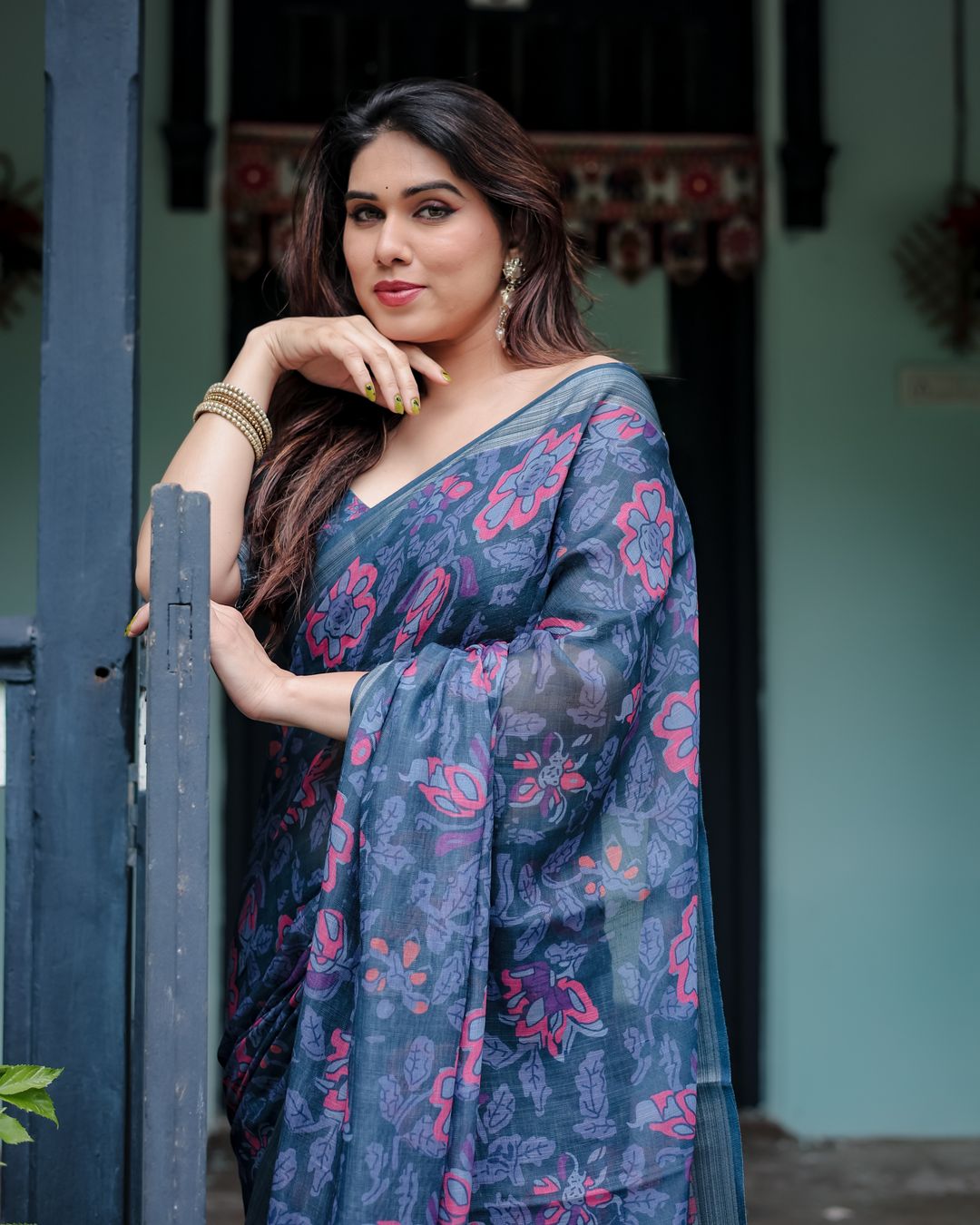Deep Indigo Floral Linen Cotton Saree with Elegant Ensemble