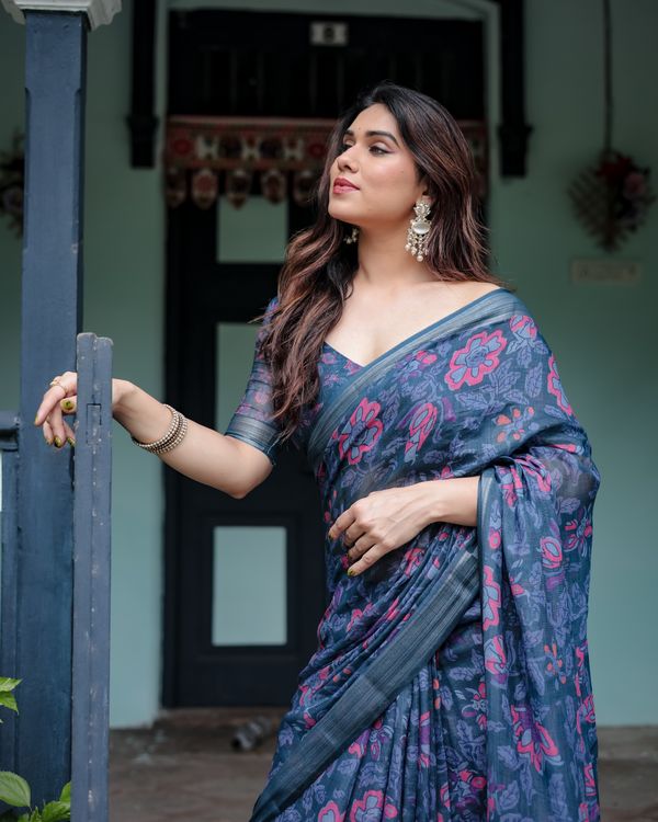 Deep Indigo Floral Linen Cotton Saree with Elegant Ensemble