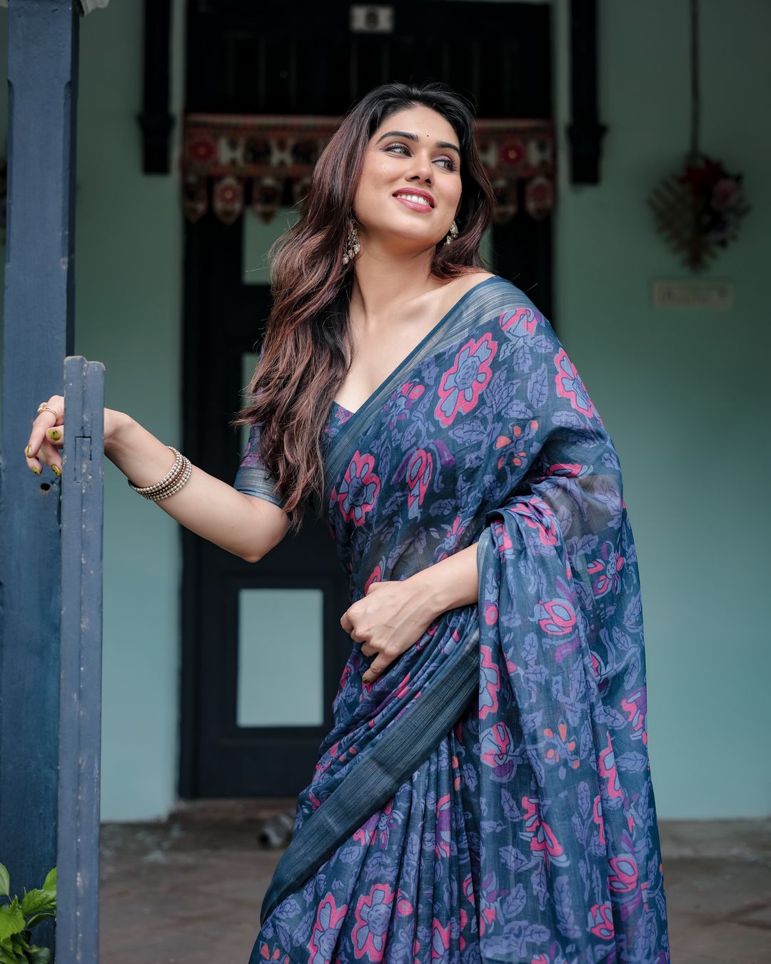 Deep Indigo Floral Linen Cotton Saree with Elegant Ensemble