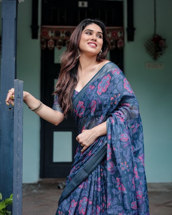Deep Indigo Floral Linen Cotton Saree with Elegant Ensemble