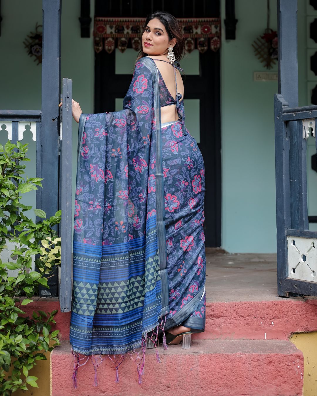 Deep Indigo Floral Linen Cotton Saree with Elegant Ensemble