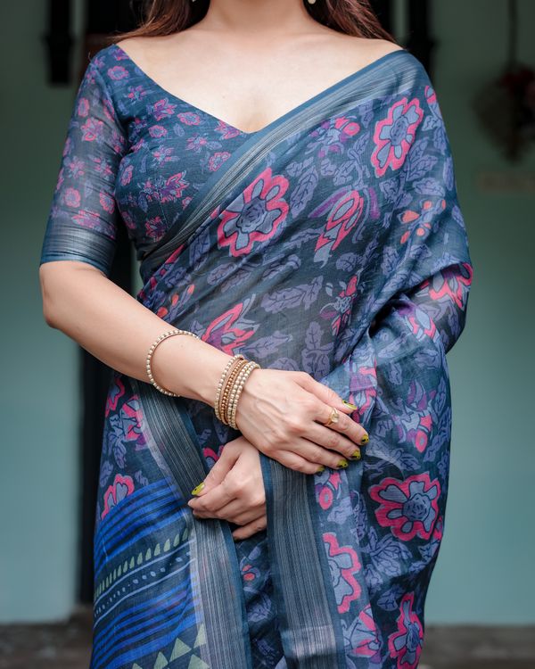 Deep Indigo Floral Linen Cotton Saree with Elegant Ensemble