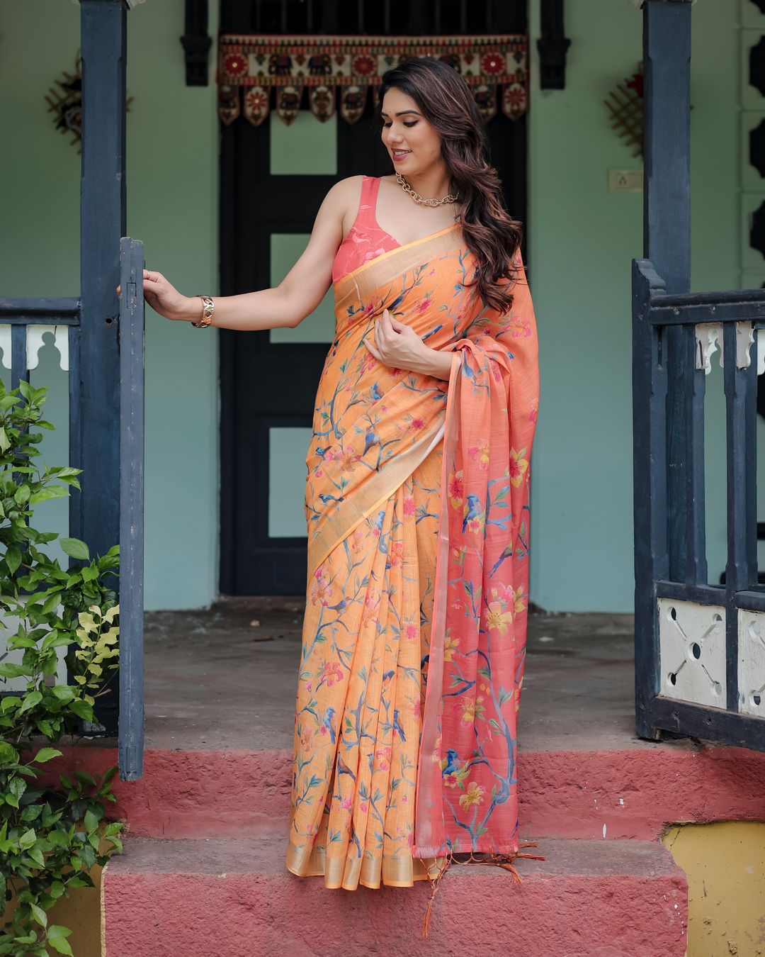 Peach Orange Floral Linen Cotton Saree with a Printed Pallu