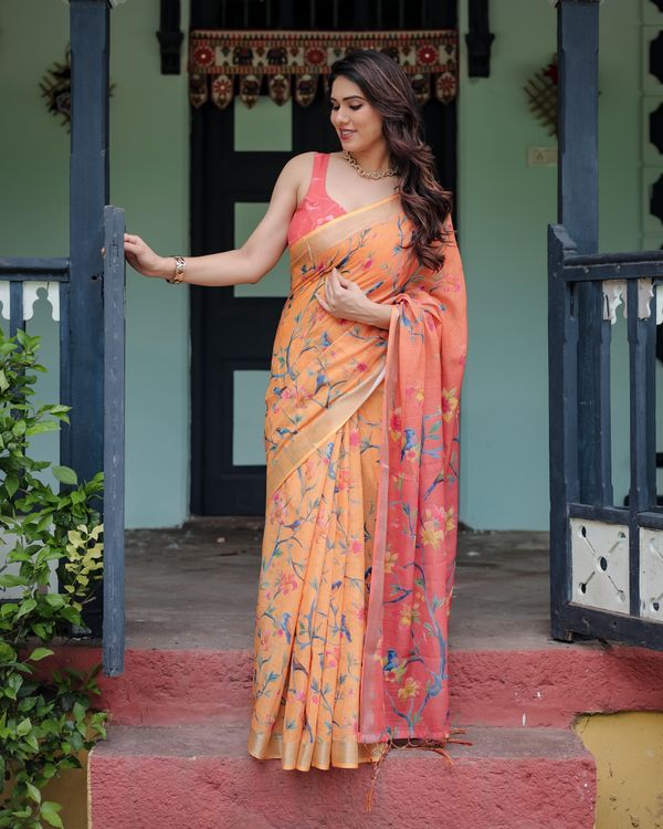 Peach Orange Floral Linen Cotton Saree with a Printed Pallu