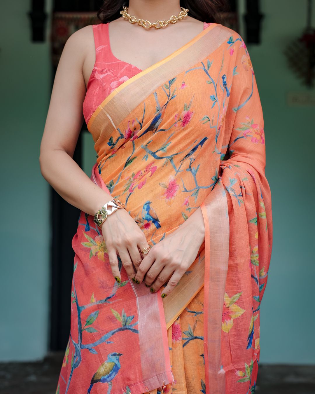 Peach Orange Floral Linen Cotton Saree with a Printed Pallu