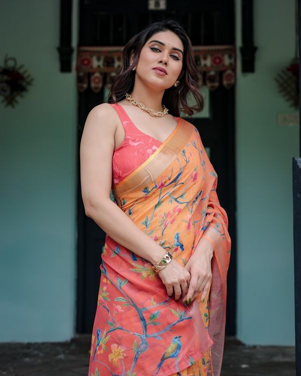 Peach Orange Floral Linen Cotton Saree with a Printed Pallu