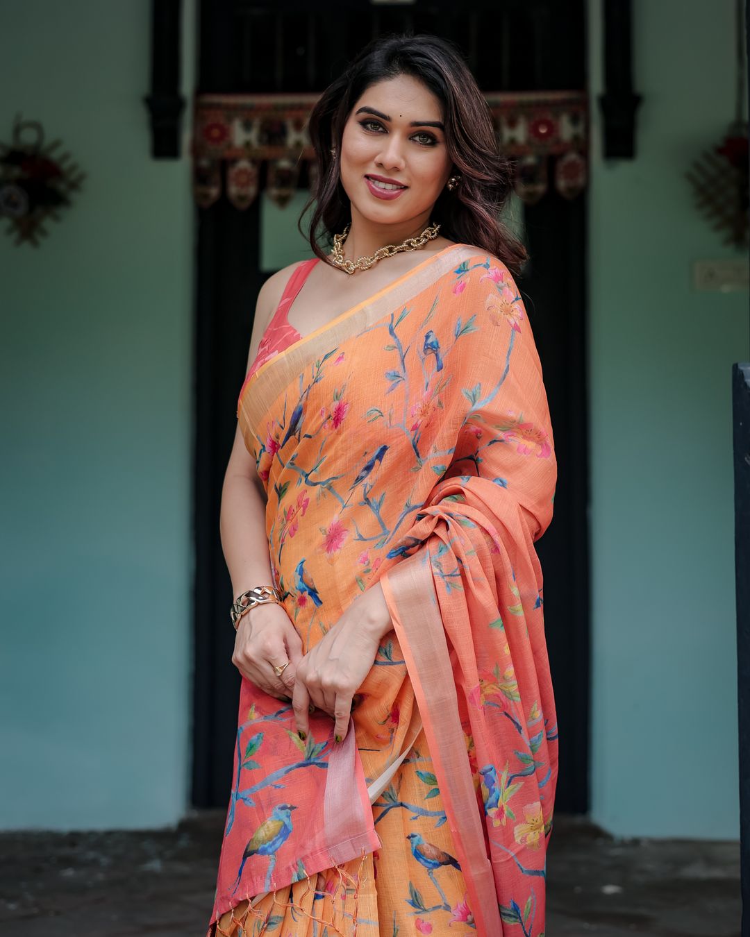 Peach Orange Floral Linen Cotton Saree with a Printed Pallu
