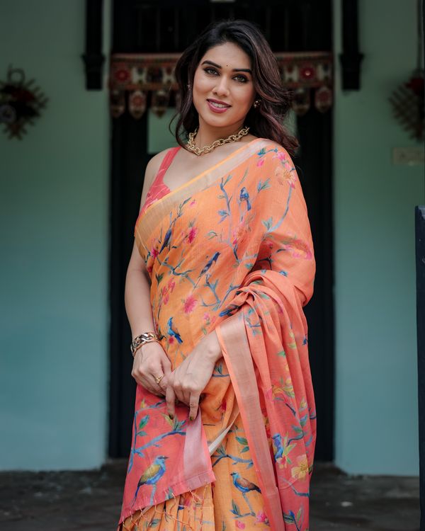 Peach Orange Floral Linen Cotton Saree with a Printed Pallu