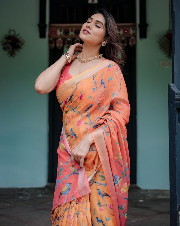 Peach Orange Floral Linen Cotton Saree with a Printed Pallu
