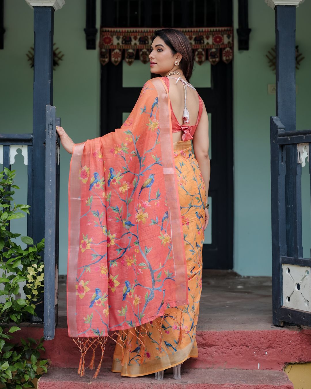 Peach Orange Floral Linen Cotton Saree with a Printed Pallu