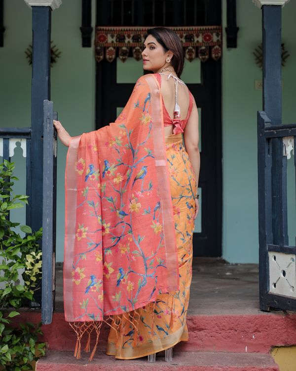 Peach Orange Floral Linen Cotton Saree with a Printed Pallu