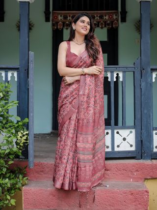 Rose Floral Printed Linen Cotton Saree with Heritage Border