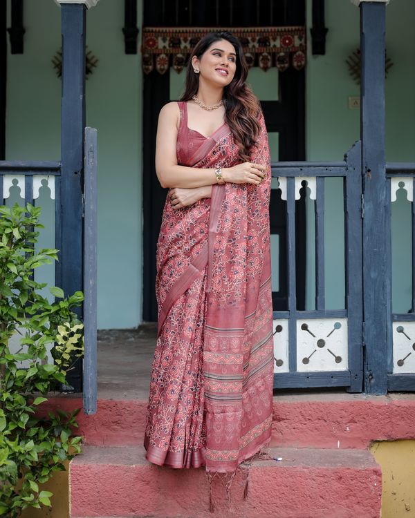 Rose Floral Printed Linen Cotton Saree with Heritage Border