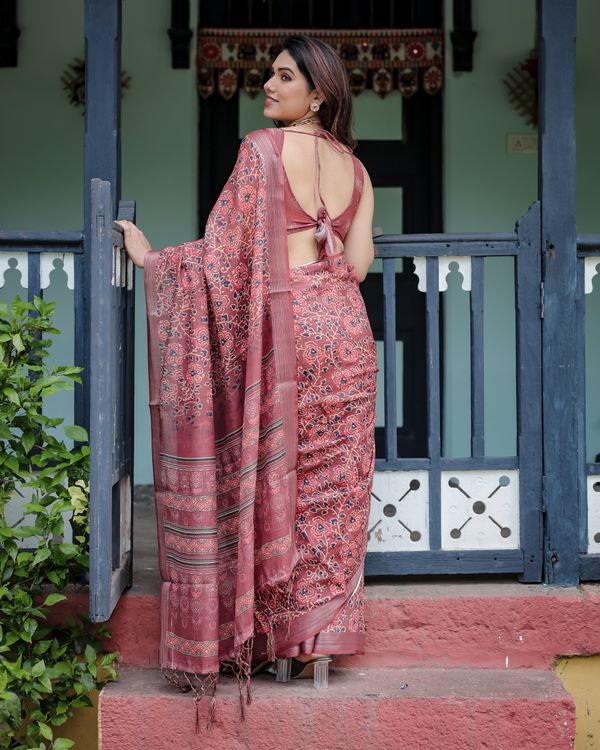 Rose Floral Printed Linen Cotton Saree with Heritage Border