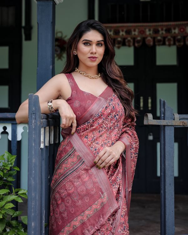 Rose Floral Printed Linen Cotton Saree with Heritage Border