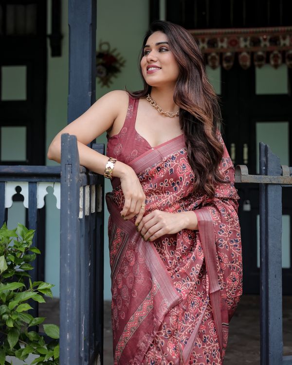 Rose Floral Printed Linen Cotton Saree with Heritage Border