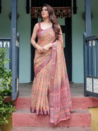 Peach Floral Printed Linen Cotton Saree with Printed Border