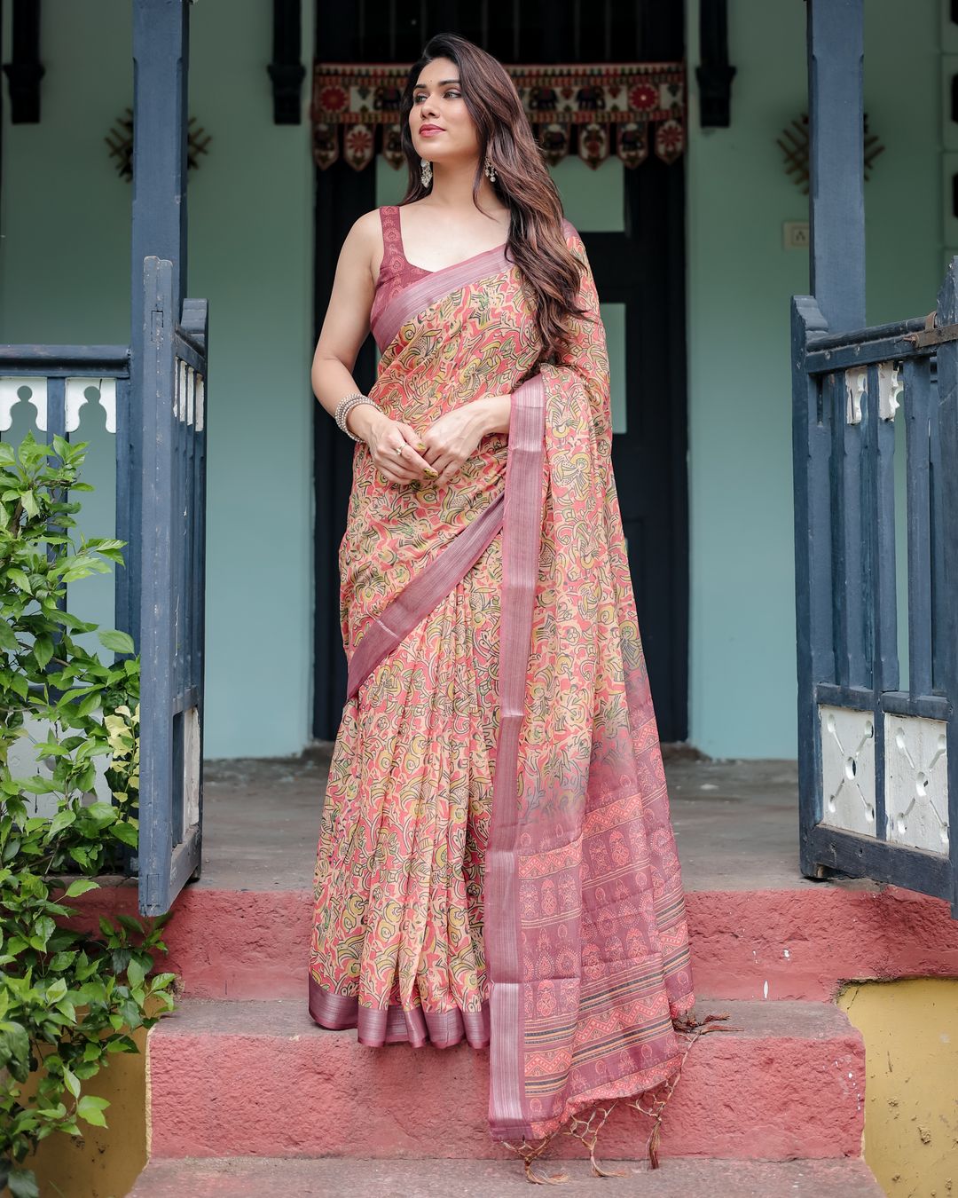 Peach Floral Printed Linen Cotton Saree with Printed Border