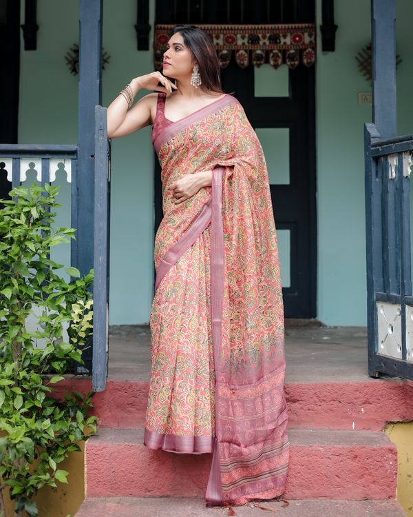 Peach Floral Printed Linen Cotton Saree with Printed Border