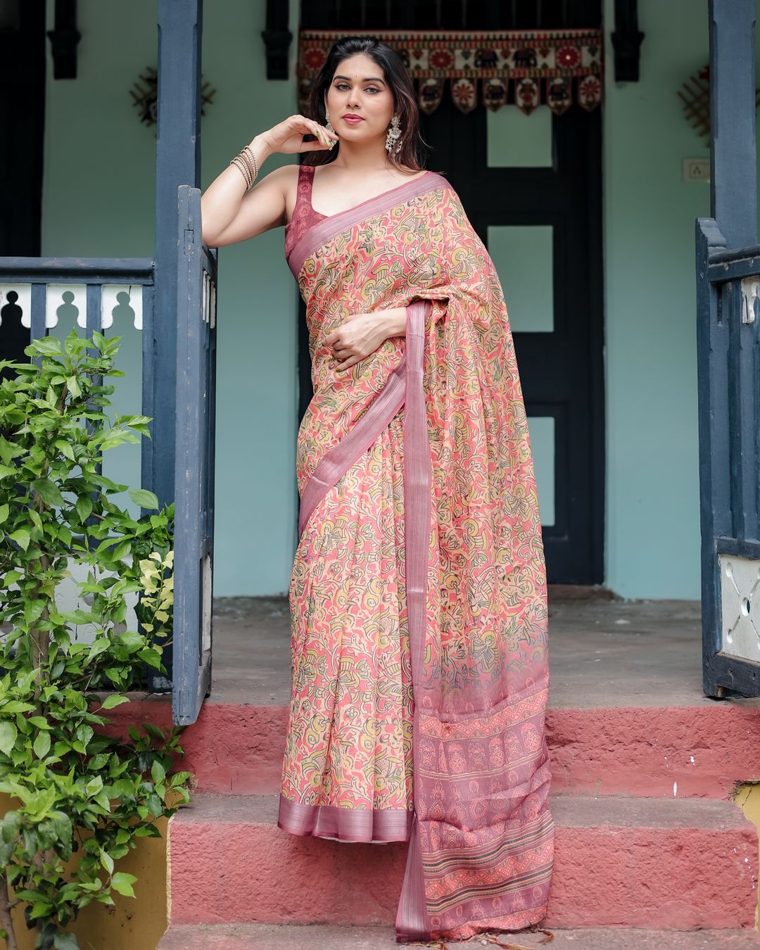 Peach Floral Printed Linen Cotton Saree with Printed Border
