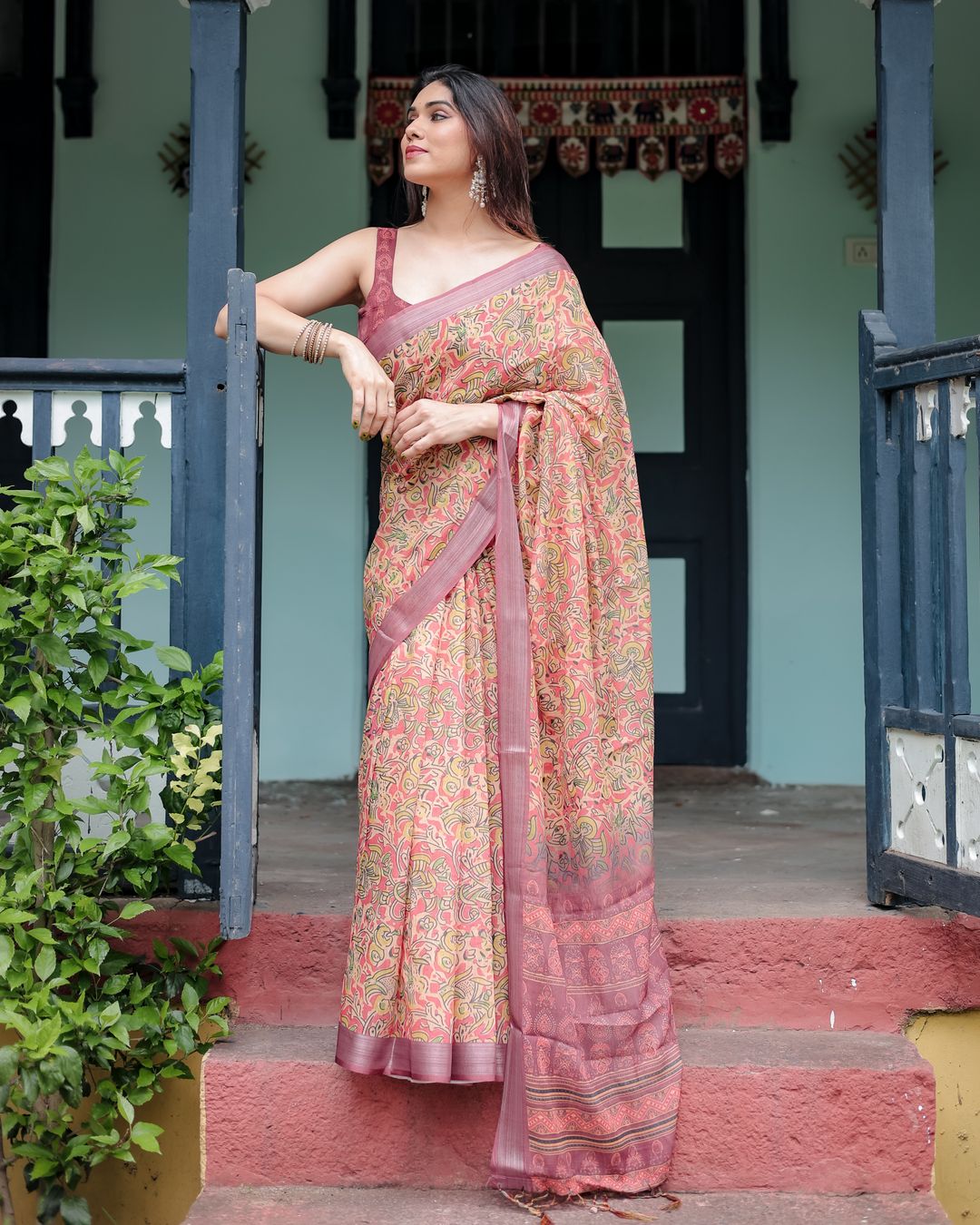 Peach Floral Printed Linen Cotton Saree with Printed Border