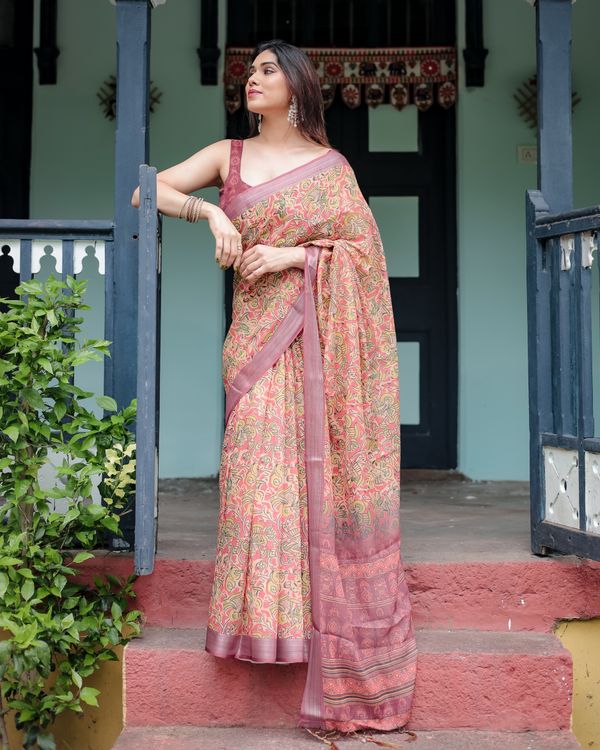 Peach Floral Printed Linen Cotton Saree with Printed Border