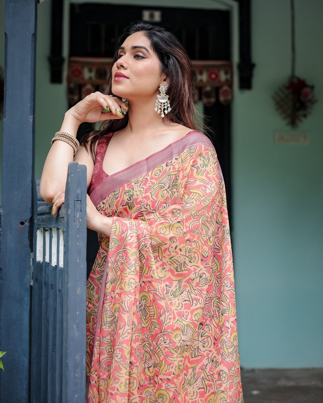 Peach Floral Printed Linen Cotton Saree with Printed Border