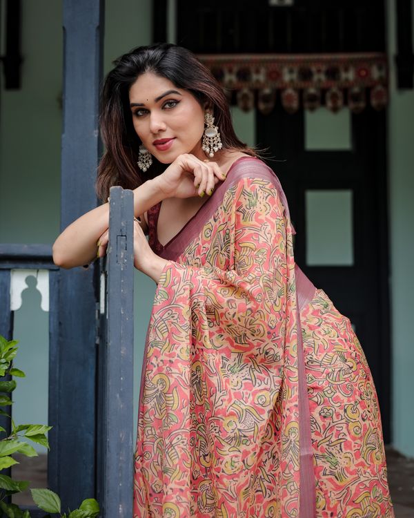 Peach Floral Printed Linen Cotton Saree with Printed Border