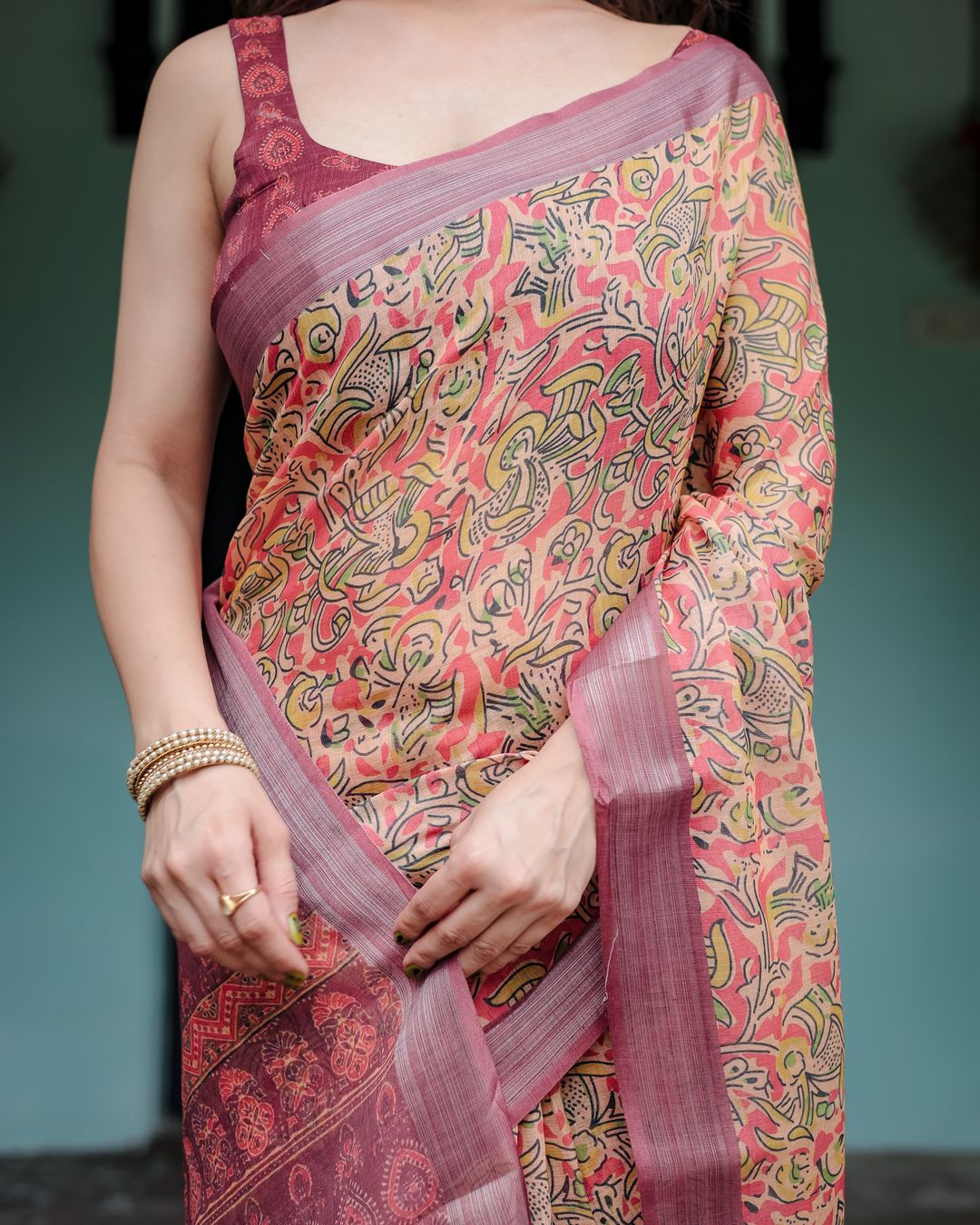 Peach Floral Printed Linen Cotton Saree with Printed Border