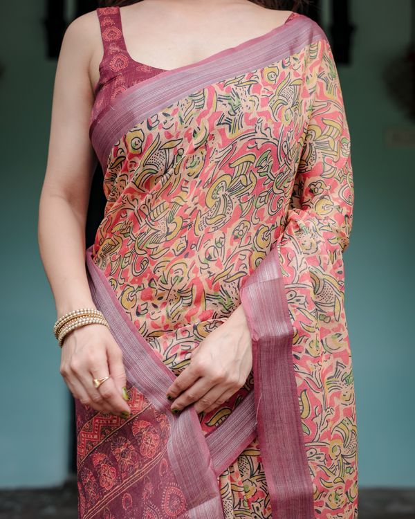 Peach Floral Printed Linen Cotton Saree with Printed Border