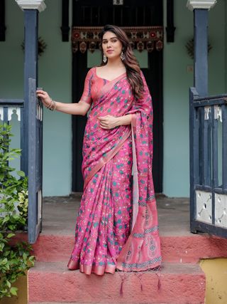 Pink Floral Printed Linen Cotton Saree with Artistic Border